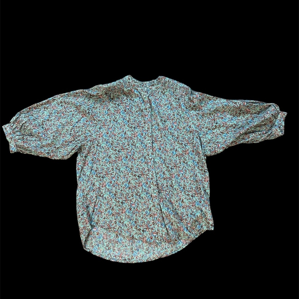 Fat Face Sage Green Prairie Floral Buttoned Long 3/4 Sleeve Blouse Top